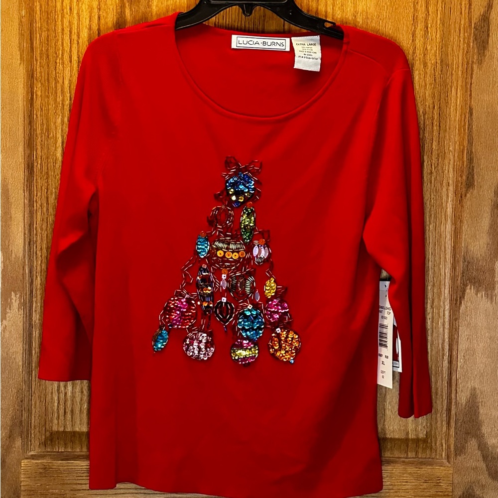 Lucia Burns Red Christmas‎ Sweater w/Beads & Sequins Ornaments Tree Sz XL NWT